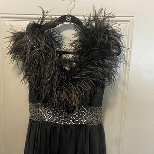 Vtg Mike Benet Black Formal Gown WITCHY Feathers Silver Beads Tooled Lined SZ 14